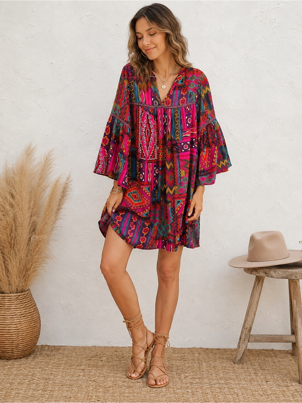 Uncle Frank Patchwork Dress Aztec Western Print V-Neck 3/4 Bell Sleeves M - Picture 2 of 11